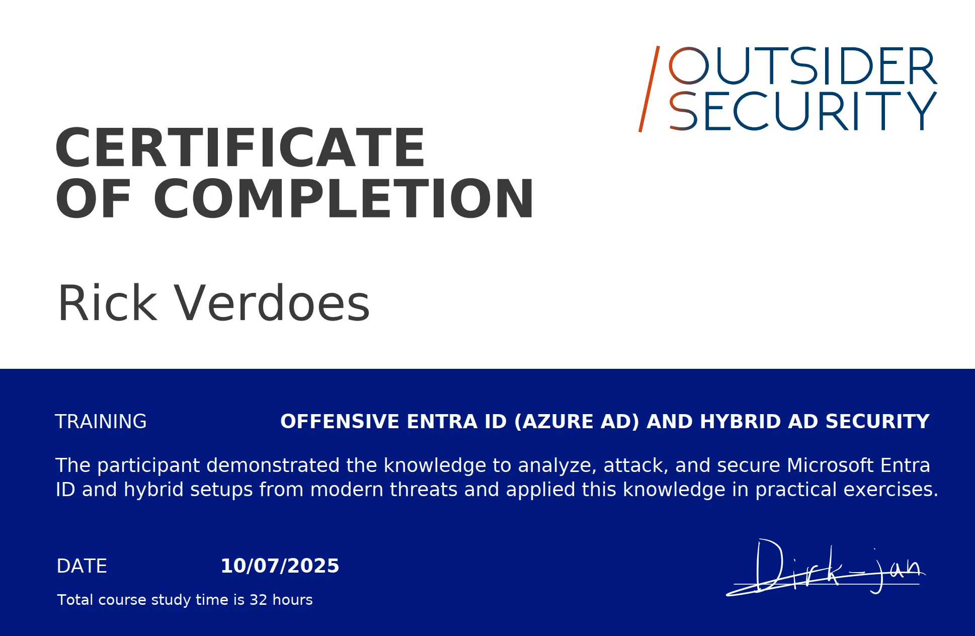 certificate of completion Outsider Security - Offensive Entra ID