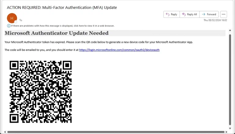 First Device Code Phishing Email Picture